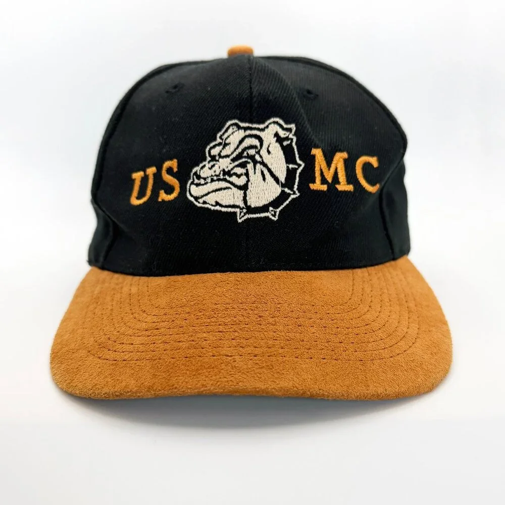 Vintage USMC Marine Corps Bulldog Snapback Hat Black & Tan